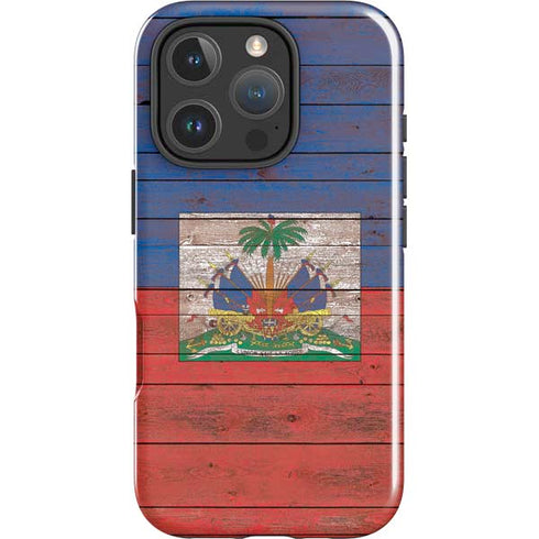 Haiti Flag Dark Wood iPhone 16 Pro Max Impact Case